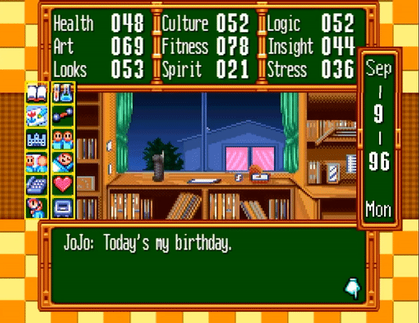 A gif of the pixelated main game menu from the SNES version of Tokimeki Memorial. In the text box it says, “Today’s my birthday,” and the date is 9/9/96.